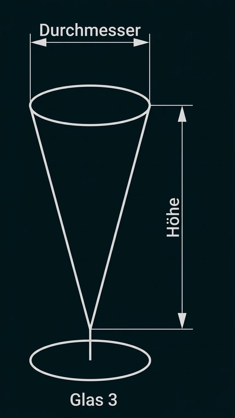 Skizze eines kegelförmigen Glases mit eingezeichnetem Durchmesser und Höhe.